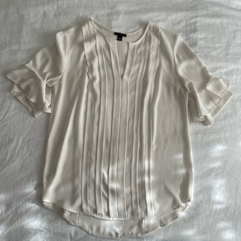 Ann Taylor Ivory Ruffle Blouse w/ Pleaded Folding in the front - Picture 6 of 7
